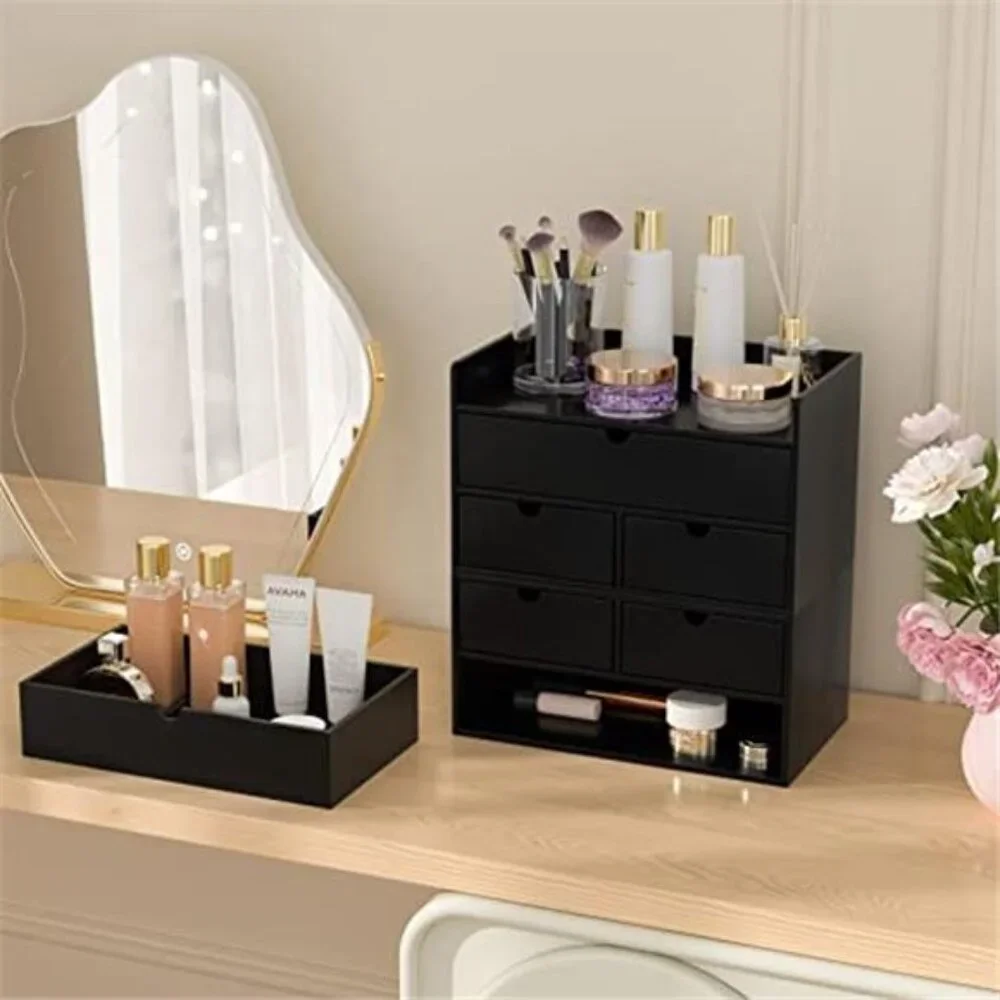 Bamboo Desk Organizer Drawer Desktop Storage Makeup Office Home Black Shelf